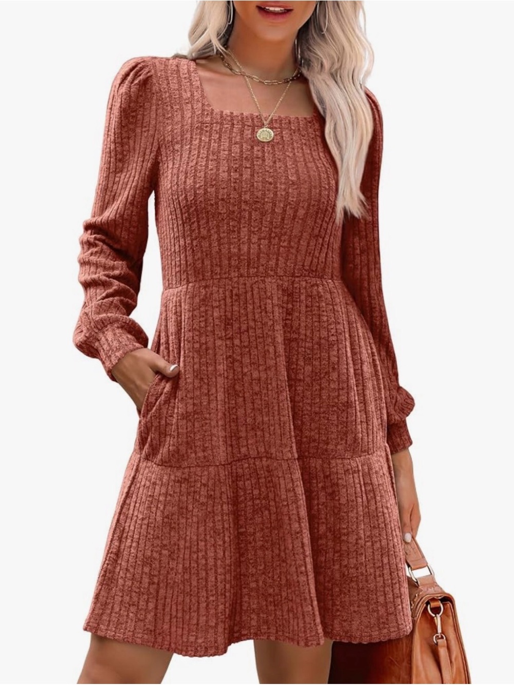 NWT Sampeel Rust “Caramel” Knit Square Neck Long Sleeve Ribbed Babydoll Dress